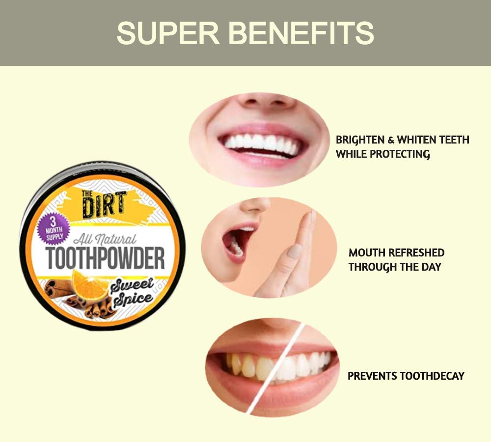 The Dirt Tooth Powder - Natural Fluoride-Free Toothpaste Alternative, Vegan - Essential Oils & Bentonite Clay (Sweet Spice, 25G: