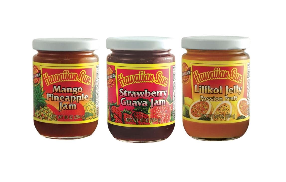 Hawaiian Sun Jelly and Jam Variety Pack One 10 oz glass jars Tropical Sweet fruits directly from the islands (Paradise Pack 3)