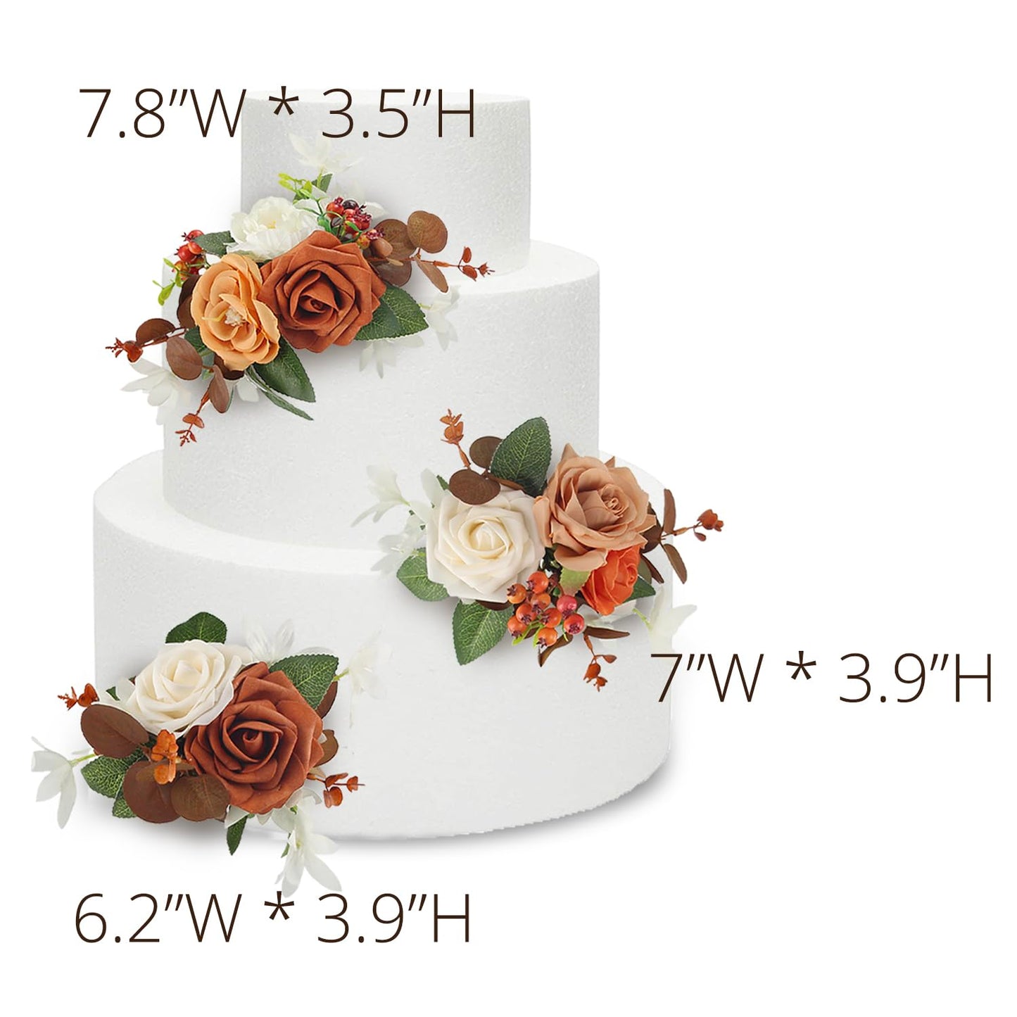 Rinlong 3Pcs Cake Topper Set Artificial Flowers For Cake Decor Burnt Orange Fall Wedding Cake Decorating Flowers For Baby Shower