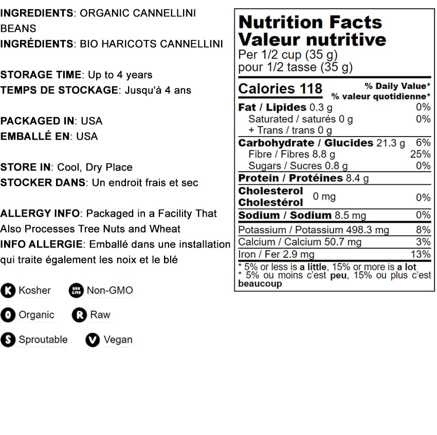 Food To Live Organic Cannellini Beans, 2 Pounds - Non-Gmo, Dried White Kidney Beans, Sproutable, Vegan, Kosher, Bulk. Pre-Soak N