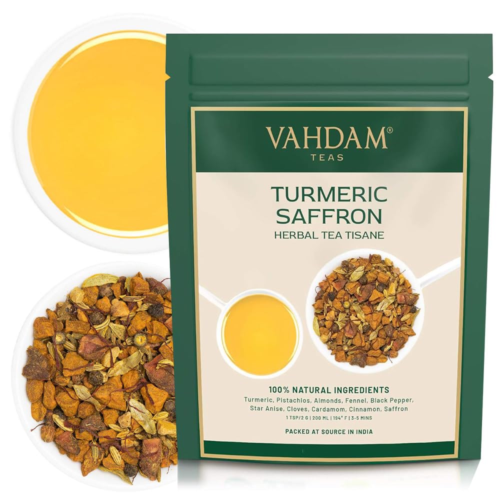 Vahdam, Turmeric Saffron Herbal Tea Loose Leaf 100G (50 Cups, 3.5Oz) Blend Of Turmeric Tea, Saffron Tea & Fresh Spices | Whole L