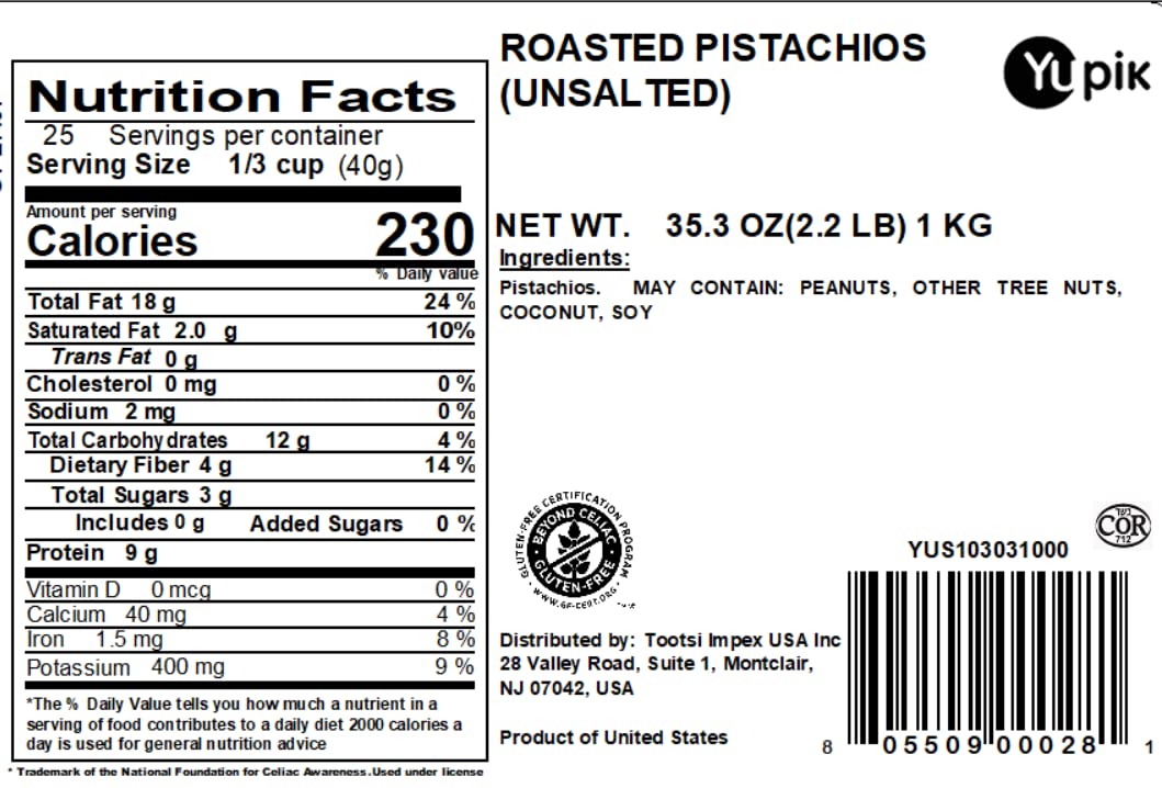 Yupik Dry Roasted Unsalted Pistachios, In Shell, 2.2 Lb, Gluten-Free, Kosher, Crunchy Whole Nuts With Shell, No Added Salt, Oil-