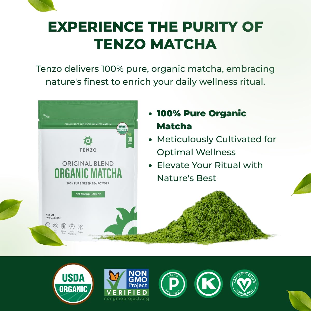 Tenzo Tea Matcha Green Powder, Organic Ceremonial Grade, 1.06 Ounce, Authentic Japanese