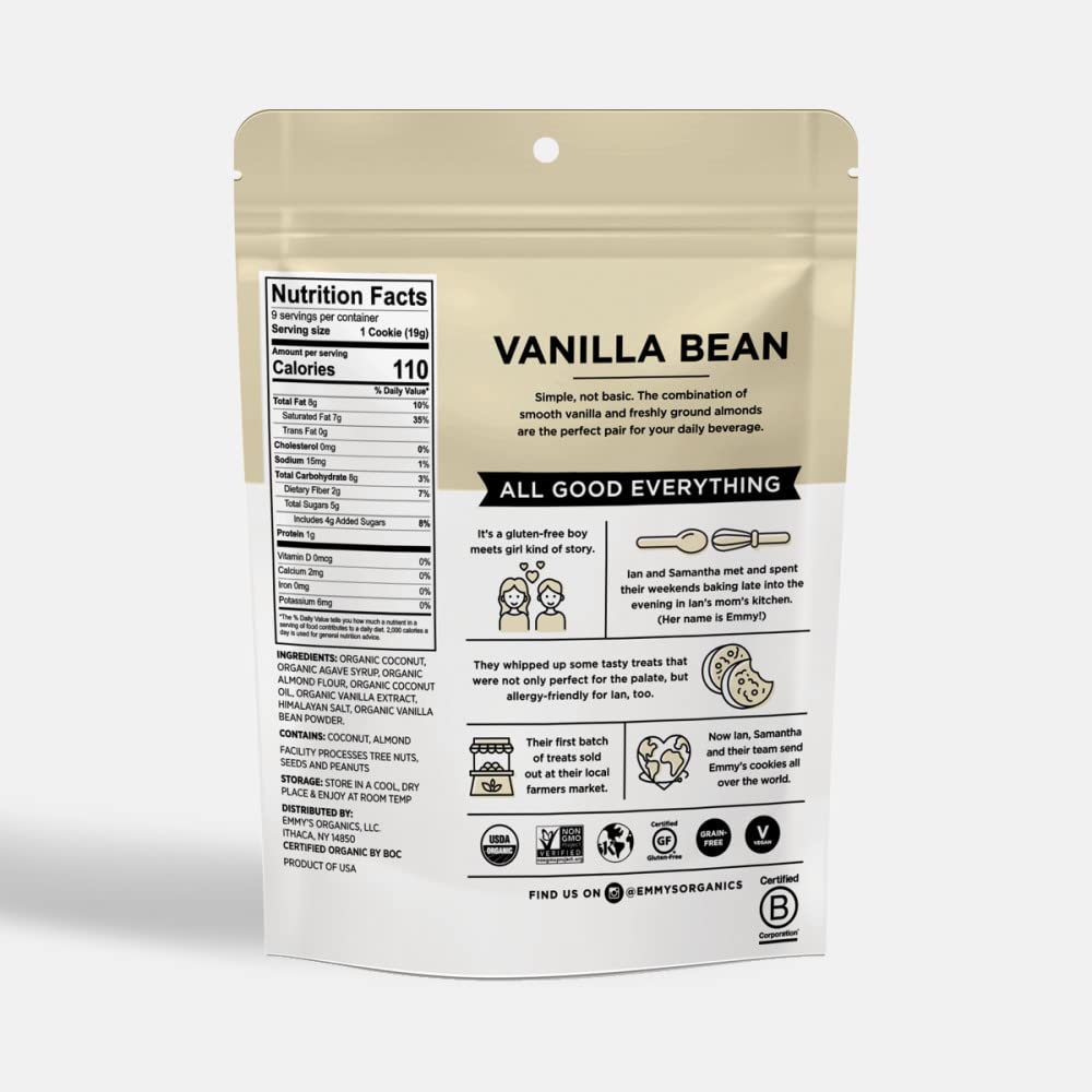 Emmys Organics Vanilla Bean Coconut Cookies (Pack of 4) | Gluten-Free, Organic, Vegan, Paleo-Friendly