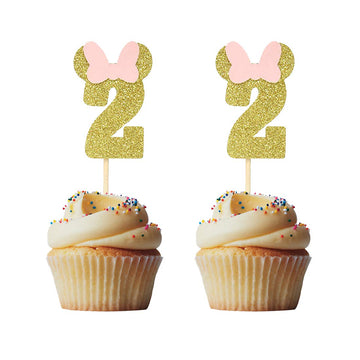 Morndew 24 Pcs Gold Pink Glitter Number 2 Cupcake Toppers For Baby Girl Second Birthday Party Wedding Party Decorations