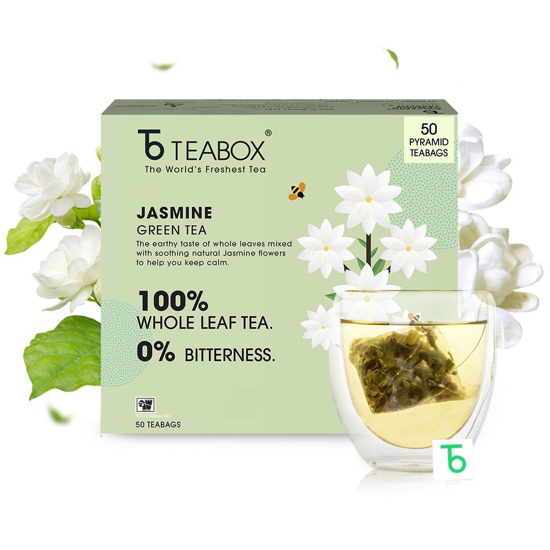 Teabox Organic Jasmine Green Tea 50 Teabags | Sourced From Madurai | For Calm Mind And Relaxation | Made With 100% Whole Leaf, N