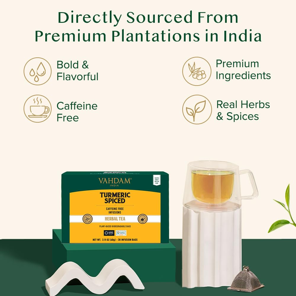 VAHDAM Turmeric Spice Herbal Tea Bags, 30 Count, Caffeine Free, Non GMO, Gluten Free, 100% Pure Herbal Tisane, Individually Wrapped