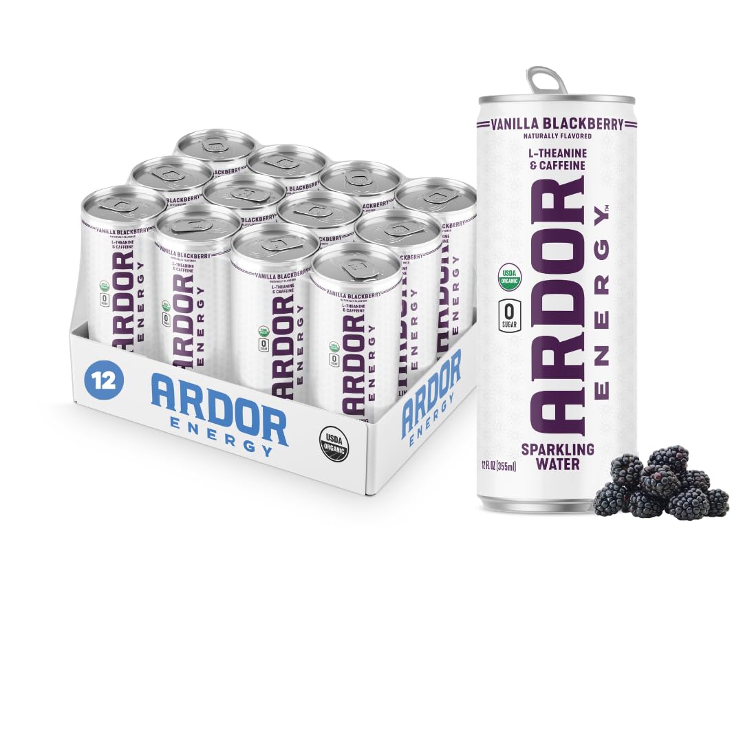 ARDOR ENERGY Sparkling Water - Vanilla Blackberry, 12 Pack, 100mg Organic Caffeine, 200mg L-Theanine, No Sugar, Vegan, Gluten Free