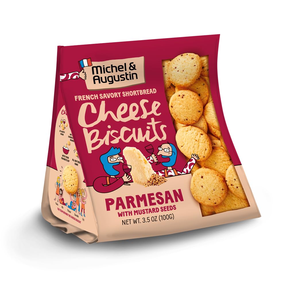 Michel et Augustin Gourmet Crackers, Parmesan Cheese Biscuits with Mustard Seeds, 3.5 oz Pack