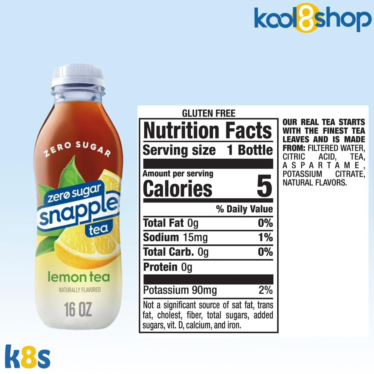Snapple Zero Sugar Lemon Tea All Natural Iced Tea 16 Fl Oz Plastic Bottles 16 Pack + 15 Sugarcane Disposable Straws By Kool8Shop