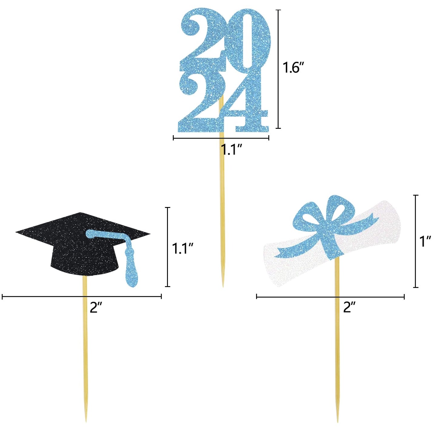 Graduation Cupcake Toppers Grad Party Decoration Food Picks Congrats Glitter Diploma Cap School Colors Supplies 24 Pcs Light Blu