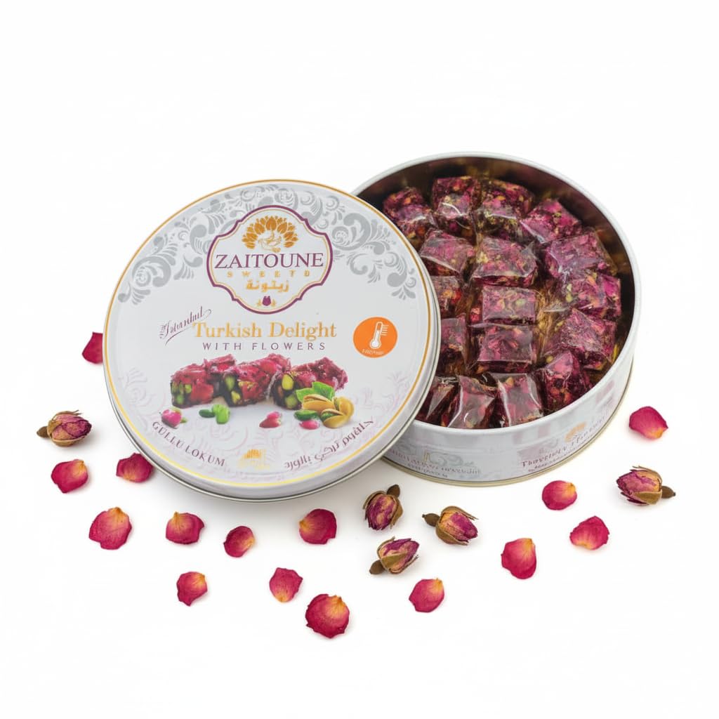 Zaitoune Rose Covered Turkish Delight - 9 Oz | Stuffed With Pistachios & Cashews | Coated With Dried Rose Petals | Authentic Luxury Lokum Sweets In Beautiful Gift Tin | Handmade, Individually Wrapped