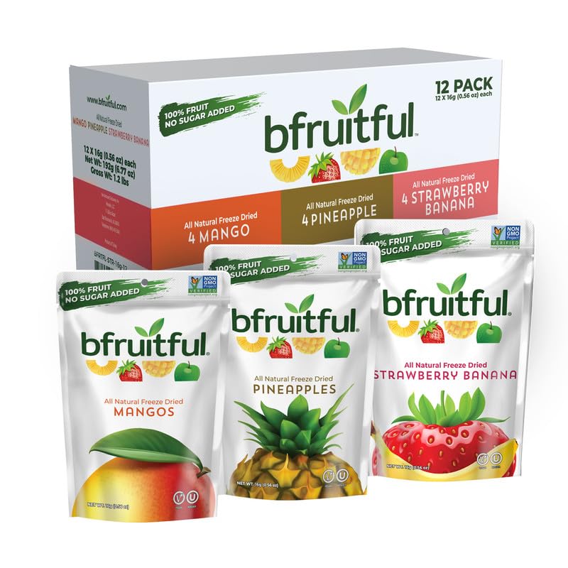 bfruitful Freeze-Dried Mangos, Strawberry Bananas, Pineapples Variety Pack, Freeze Dried Fresh Fruit Bites, Gluten Free, Vegan, 