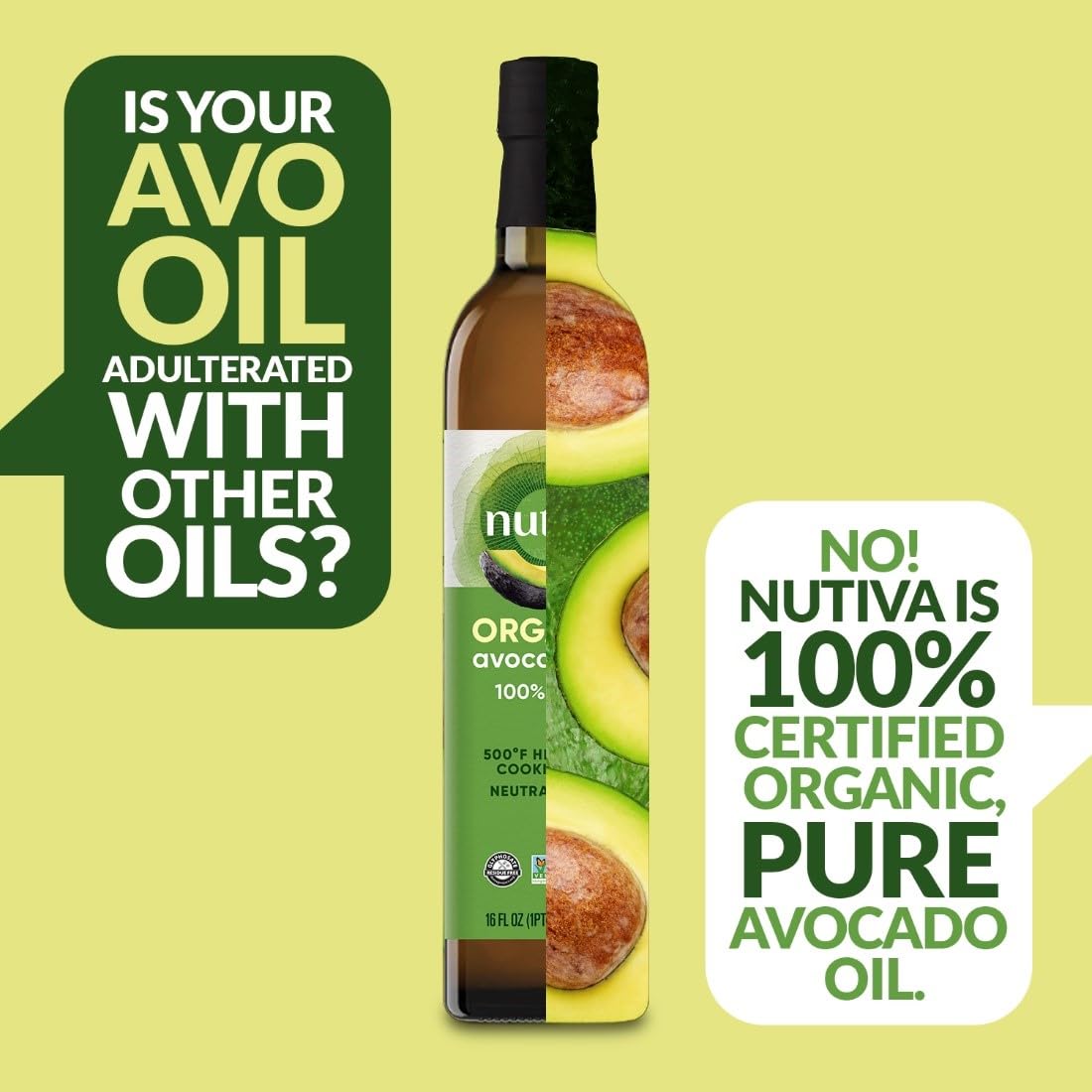 Nutiva Organic Steam-Refined Avocado Oil, 100% Pure, 16 Fl Oz, USDA Organic, Non GMO, Whole 30 Approved, Keto, Paleo, High-Heat