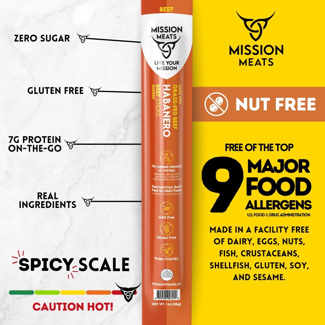 Mission Meats Beef Snack Sticks, Keto, Sugar Free, Grass-Fed, Non-GMO, Gluten Free, Habanero, 1 Ounce (Pack of 24)