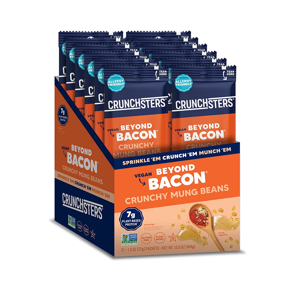 Crunchsters Sprouted Mung Beans, Plant-Based Protein Super-Snack, Gluten-Free, Vegan, 1.3oz Bags, Beyond Bacon, 12-Pack