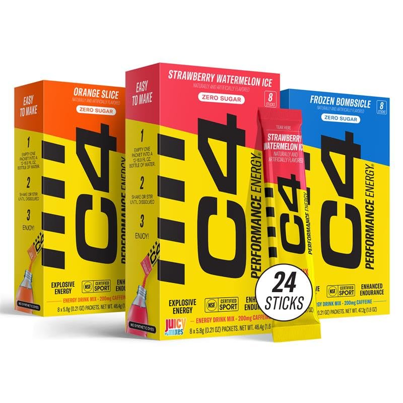 Juicy Mixes C4 Performance Energy Variety Pack, 200mg Caffeine, Zero Sugar, 3 Boxes of 24 Sticks