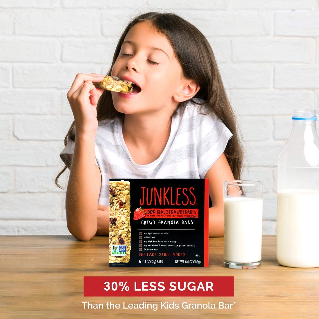 Junkless Strawberry Chewy Granola Bars - 100% Real Strawberries - Less Sugar, Great Tasting, Wholesome Snacks - Bulk Granola Bar