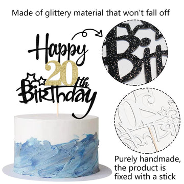 Kaoenla Black Gold Glitter Happy 20Th Birthday Cake Topper - Hello 20/Cheers20,Happy Twenty Birthday Anniversary,20 Years Old Bi