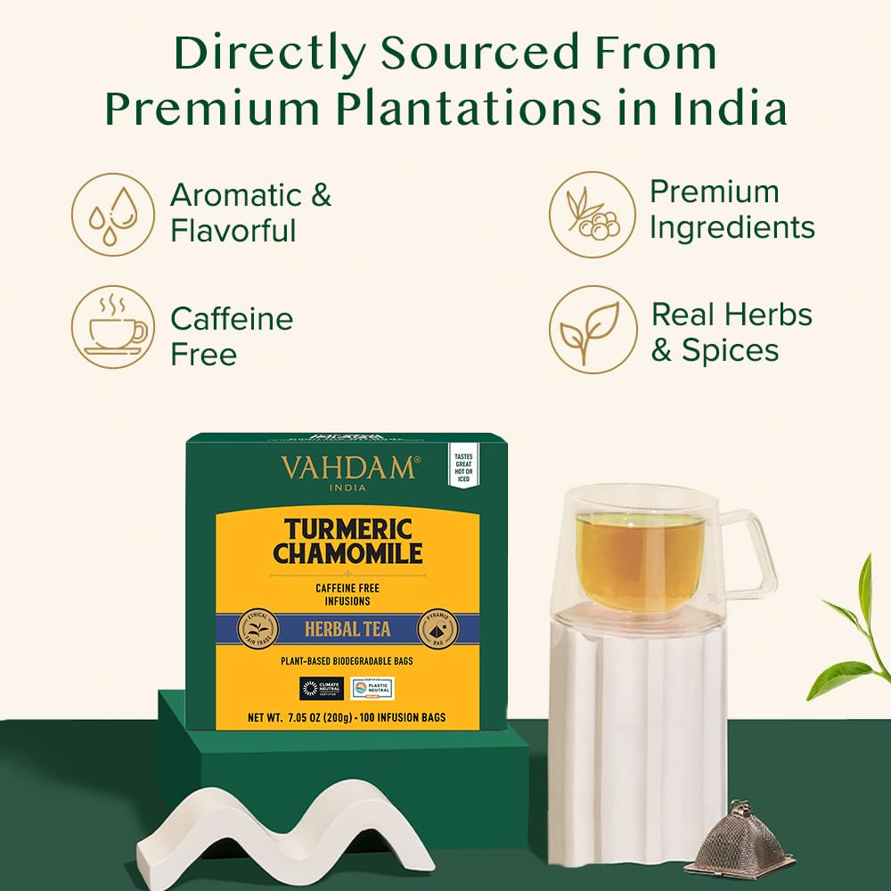 VAHDAM Turmeric Chamomile Tea Bags - Caffeine Free, Non-GMO, Gluten Free, 100 Herbal Tea Bags, Resealable Ziplock Pouch