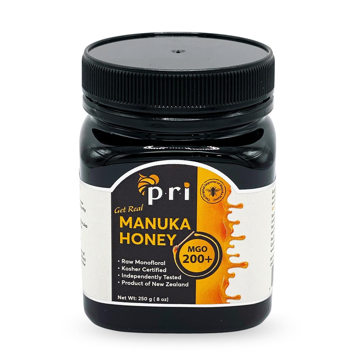 P.R.I Manuka Honey, Certified MGO 200+, Raw New Zealand Manuka Honey, 250g Jar
