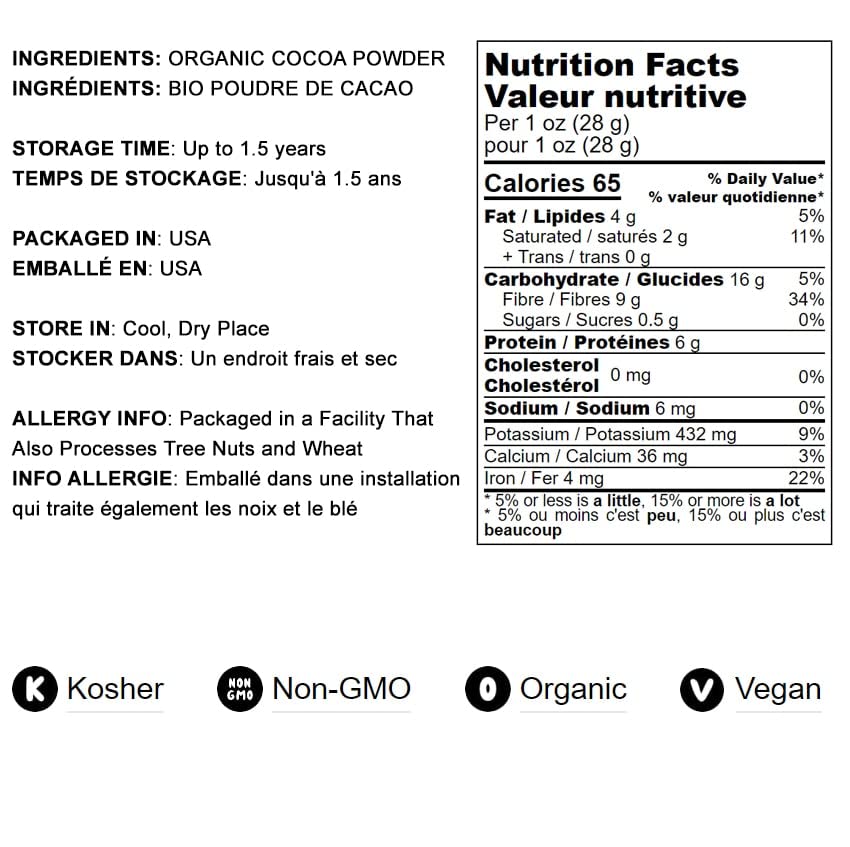 Food to Live Organic Cocoa Powder, 1 Pound Natural, Unsweetened, Non-Dutched, Non-GMO, Kosher, Sirtfood, Bulk