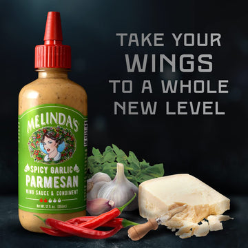 Melindas Spicy Garlic Parmesan Wing Sauce - Craft Garlic Parmesan Wing Sauce With Habanero Peppers, Parmesan Cheese, Fresh Garli
