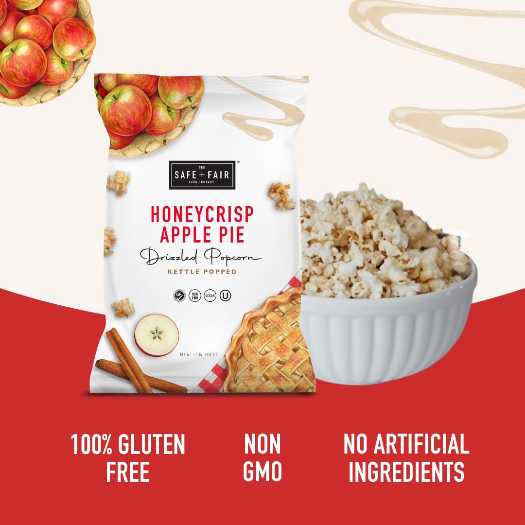 Safe + Fair Plant-Based Gourmet Apple Pie Flavored Popcorn - Honeycrisp Apple Pie Drizzled Kettle Corn Popcorn Non-GMO Gluten-Fr