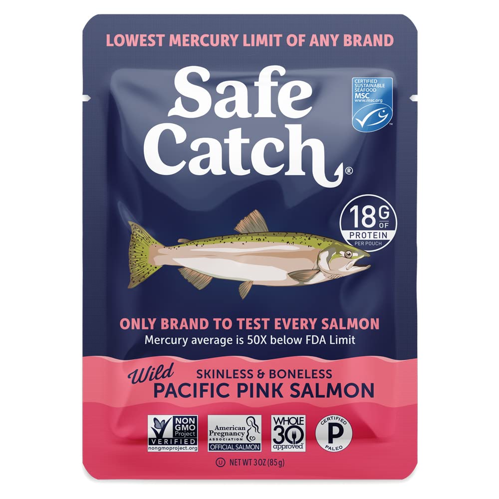 Safe Catch Wild Pacific Pink Salmon Pouch, Skinless Boneless, Mercury Tested, Kosher, 12-Pack, 3oz Packets