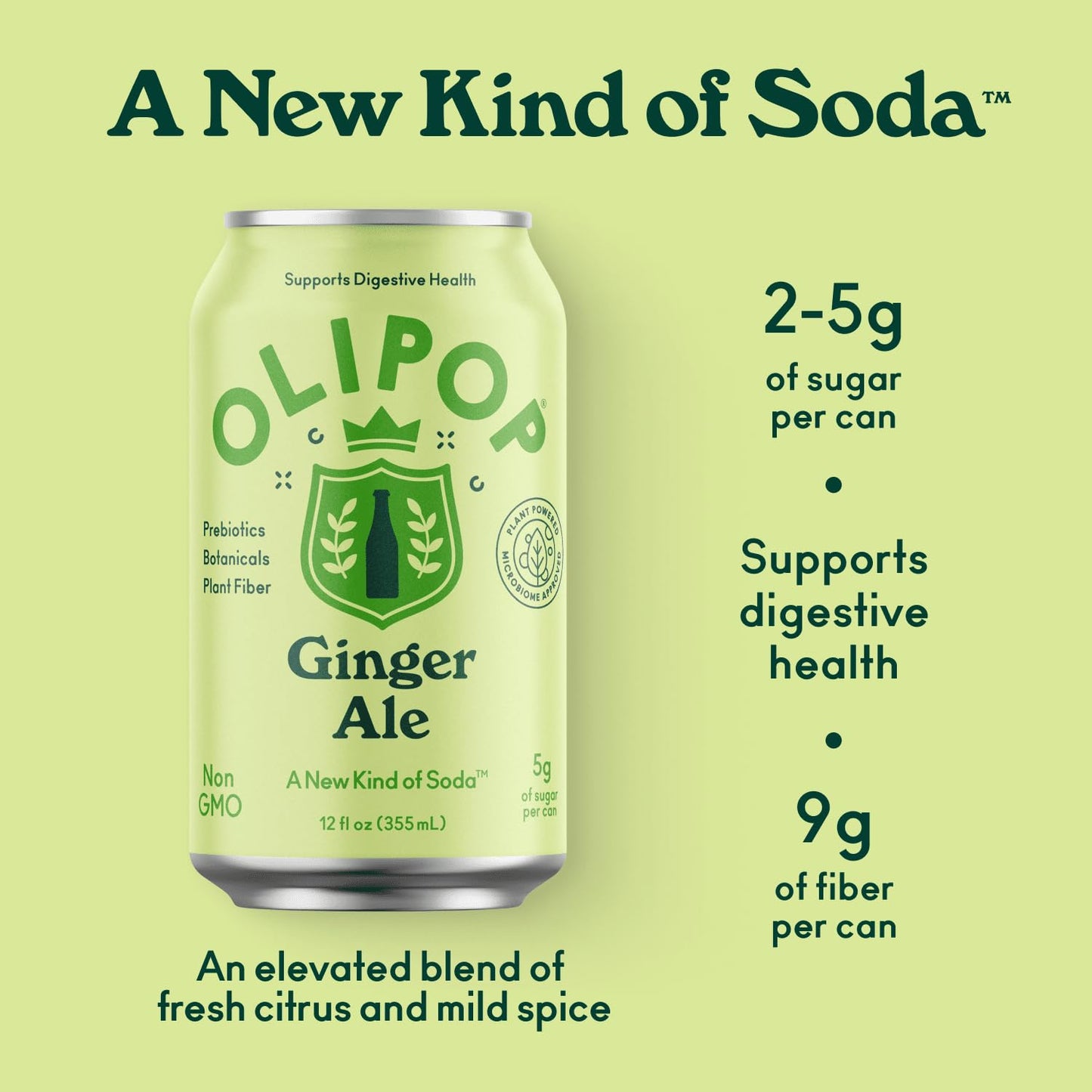 OLIPOP Prebiotic Soda, Ginger Ale, Gluten Free, Vegan, 12 Fl Oz (Pack of 12)