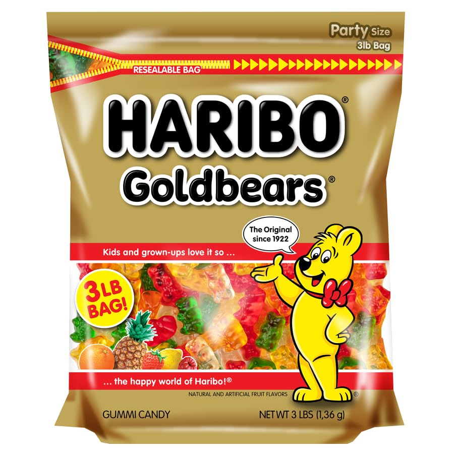 Haribo Gummy Bears, Original Goldbears, 3 lb Resealable Party Size Bag, Assorted Fruity Flavors