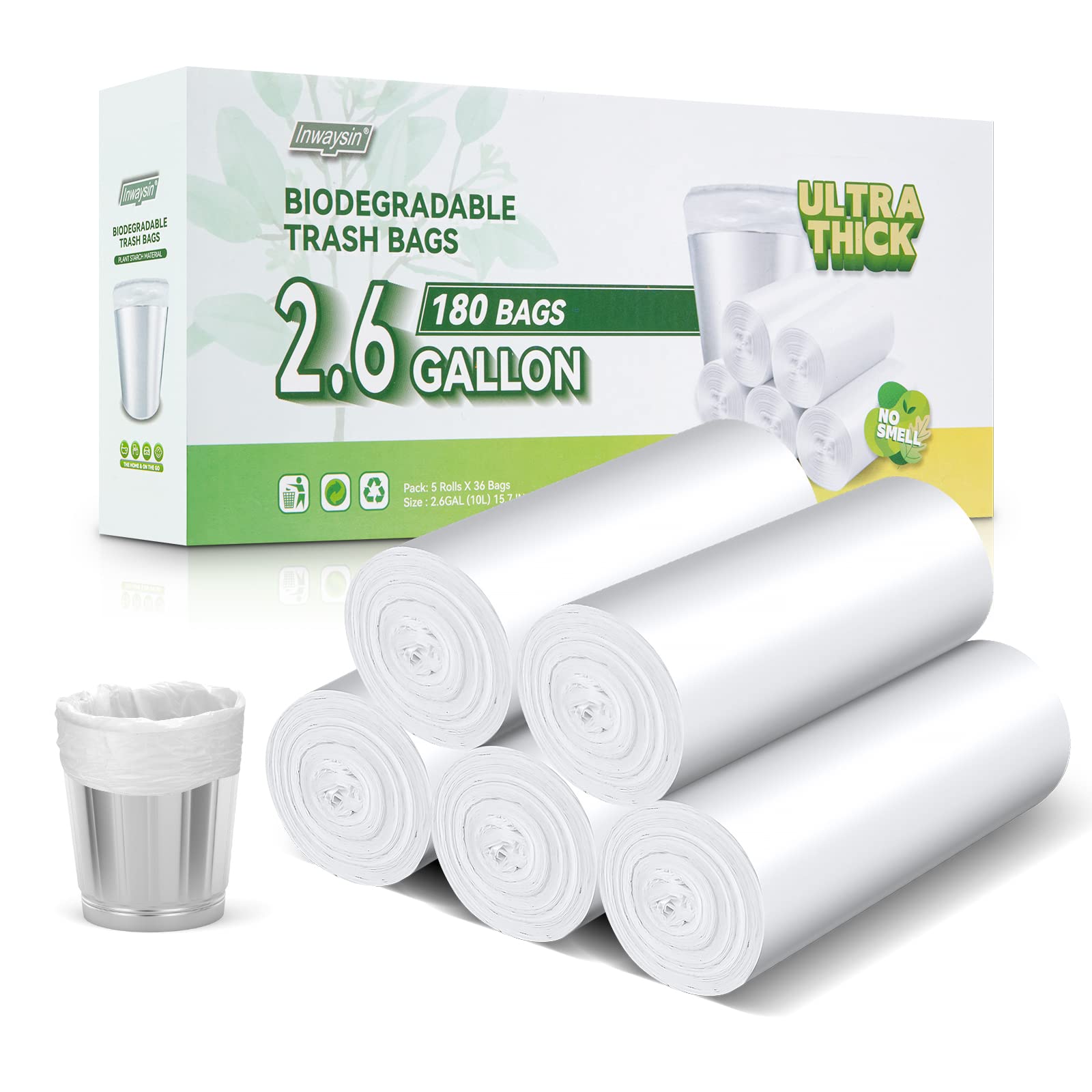 2.6 Gallon Small Trash Bags Biodegradable, 180 Counts Inwaysin Ultra Thick & Strong Small Garbage Bags, Unscented Mini Trash Bag