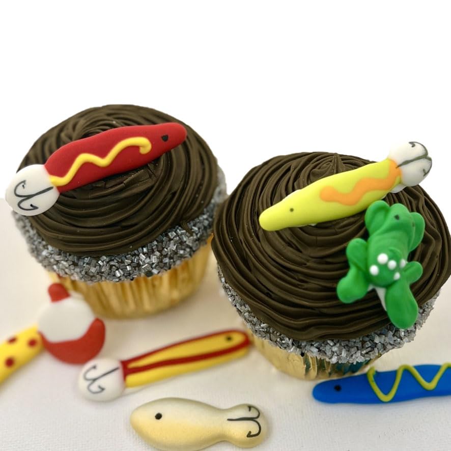 Fishing Lures Accessory Pack- 12 pcs Edible Royal Icing Cake Cupcake Topper (Choose Style Below)