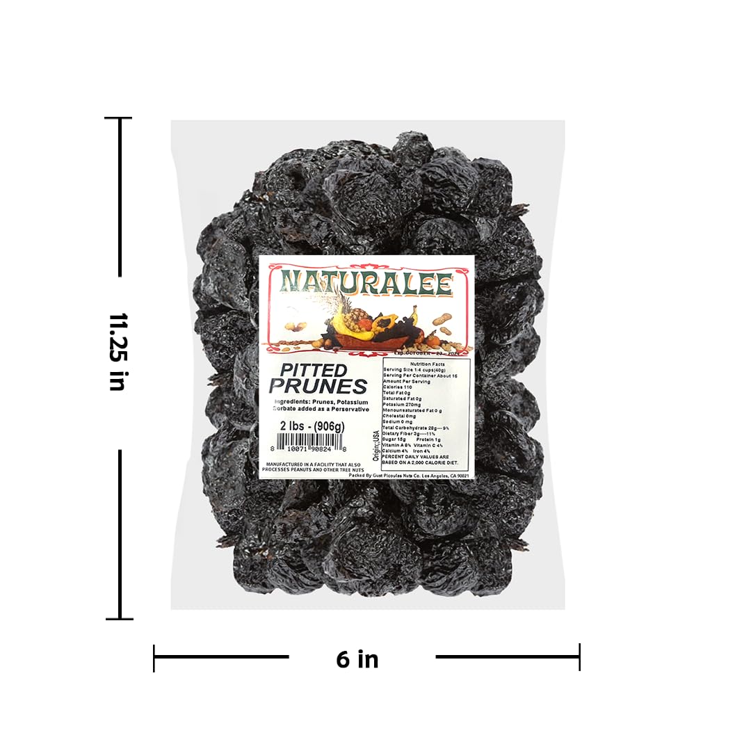 Naturalee Dried Prunes 2 Lb - Pitted - No Added Sugar - Gluten Free, Vegan, High Fiber Snack