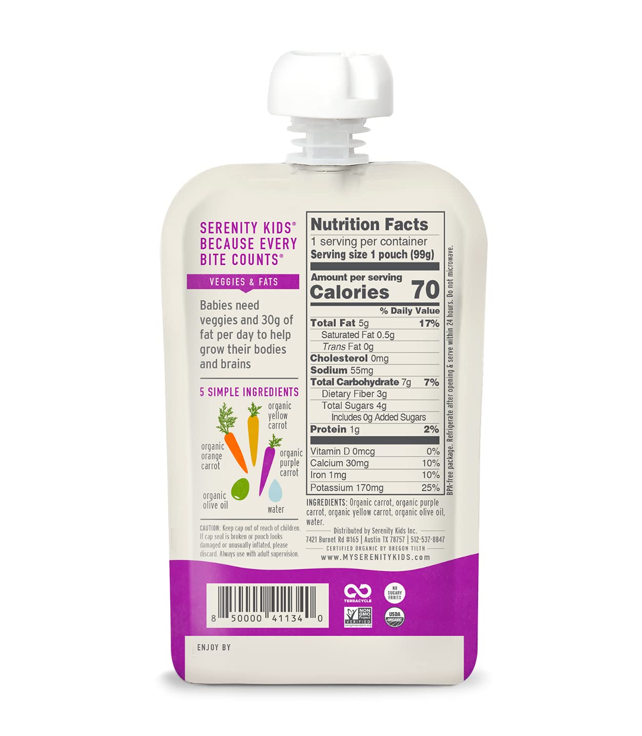 Serenity Kids 6+ Months Carrot Puree Organic Baby Food Pouches - No Added Sugar & Allergen-Free Toddler Food - Bpa-Free Baby Snacks - 3.5 Oz, 6 Pack