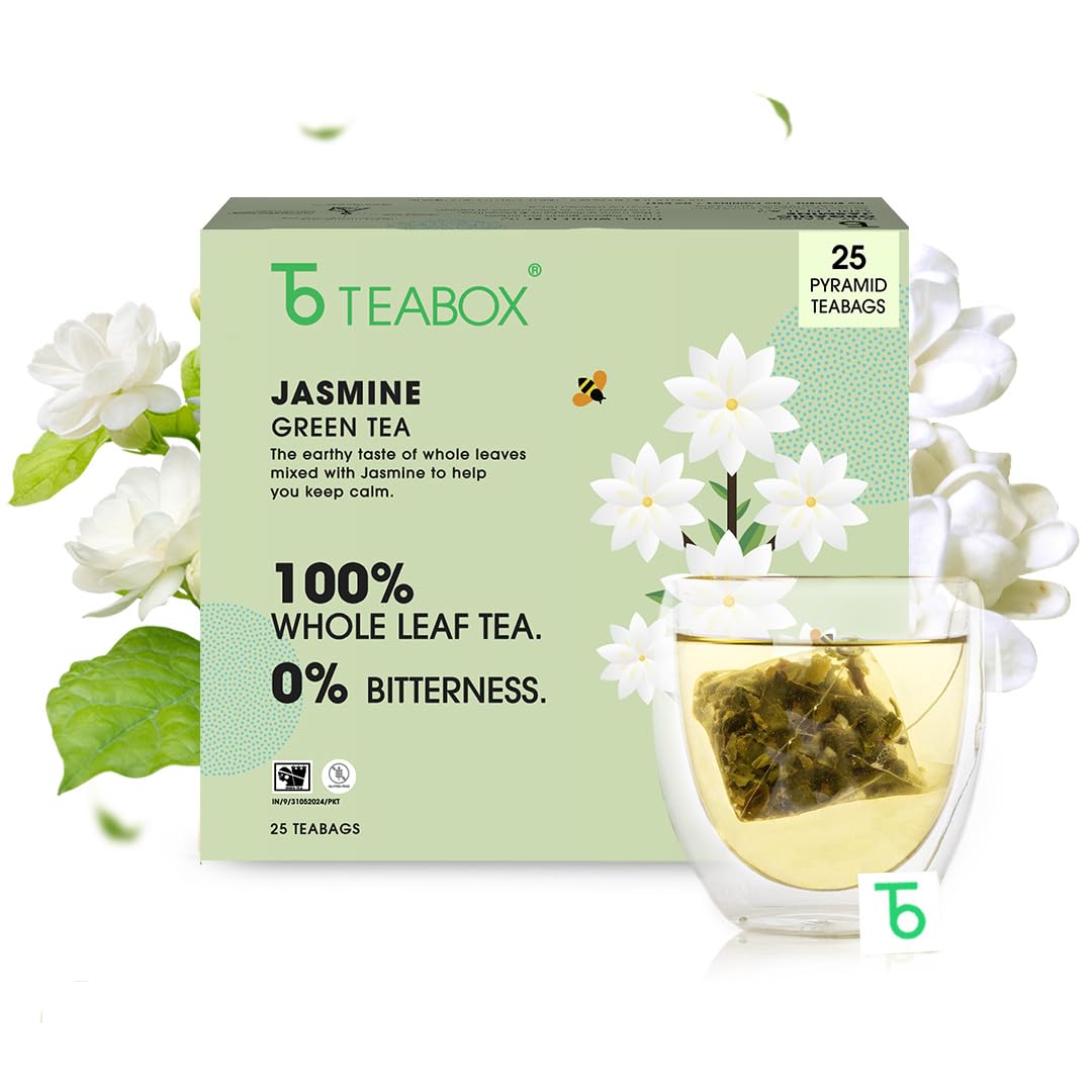 Teabox Organic Jasmine Green Tea 25 Teabags | Sourced From Madurai | Made With 100% Whole Leaf, Natural Jasmine Flowers & Natura