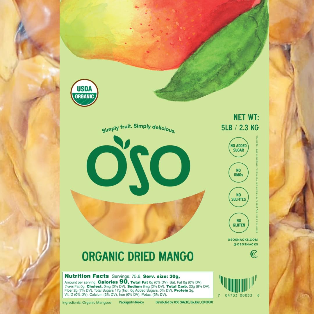 Oso Snacks Organic Dried Mango Slices, 5LB Bulk Bag, No Sugar Added, 100% Fruit, Premium Quality