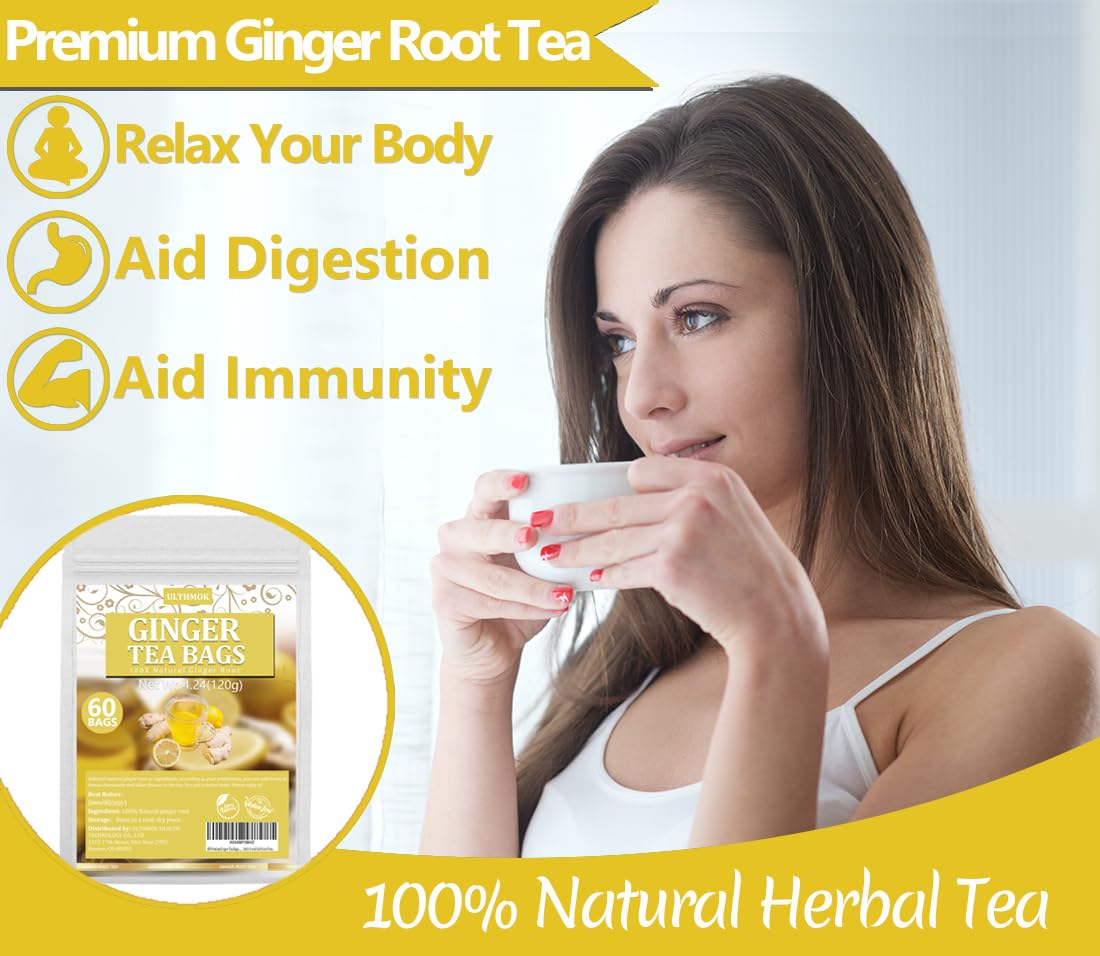 ULTHMOK Ginger Tea Bags, 60 Count, Made with 100% High-Spiciness Ginger Root, Caffeine-Free, Supports Digestion and Immunity