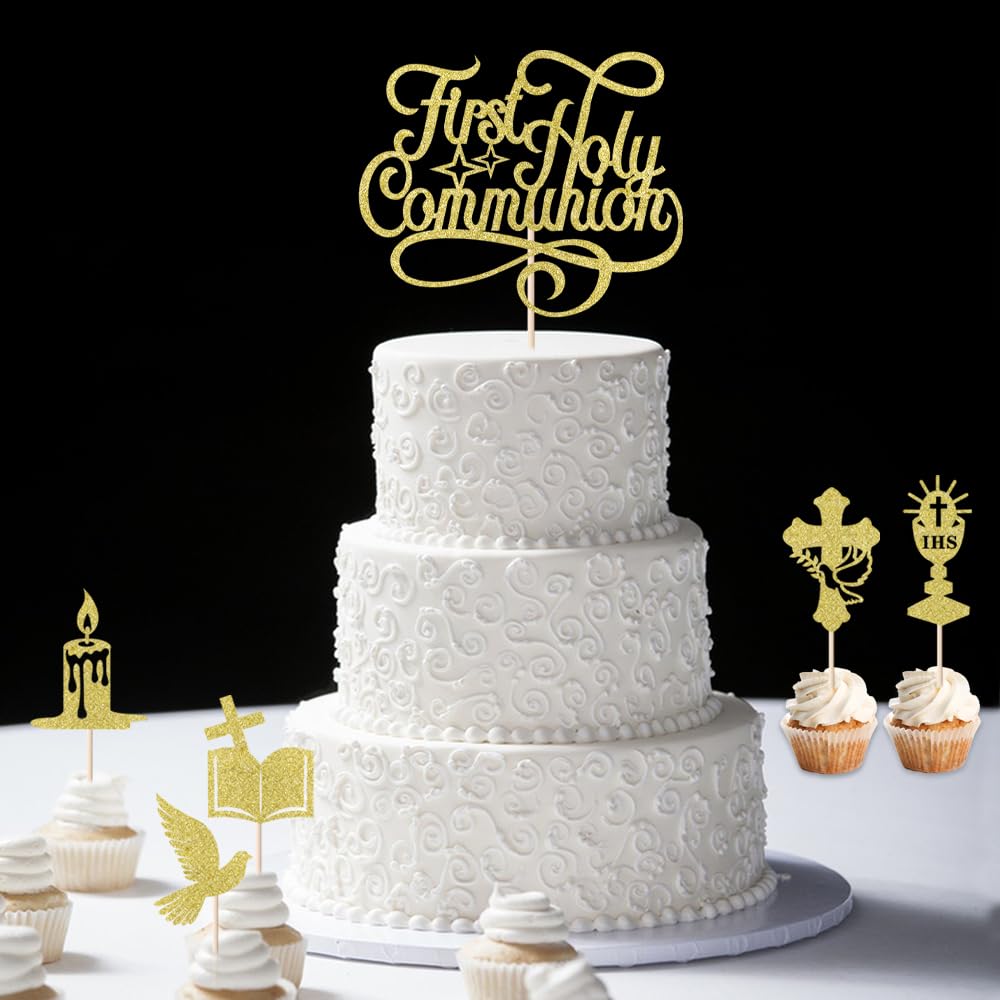 Sleyberoy First Holy Communion Cake Topper, Golden Paper Decoration for Eid, Baptism, Christening, Baby Shower, Birthday