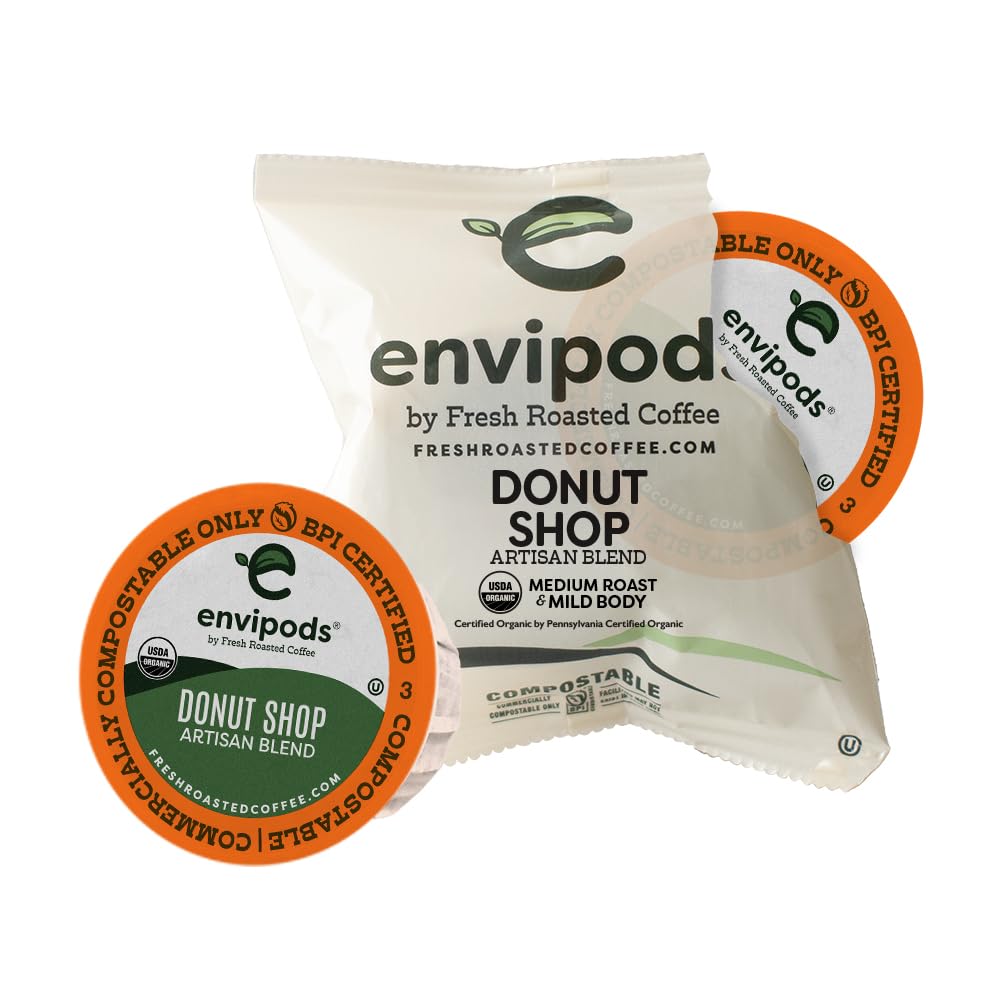 Fresh Roasted Coffee Organic Donut Shop Envipods, Medium Roast, 36 Count, Compostable, USDA Organic, Kosher, for K Cup Brewers