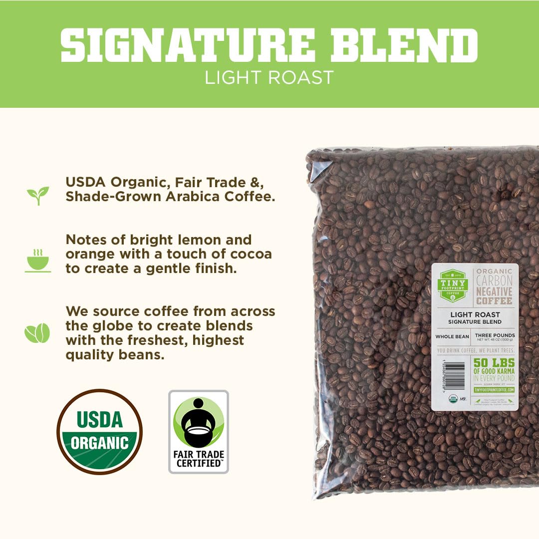 Tiny Footprint Coffee - Signature Blend, Light Roast, USDA Organic Coffee - Whole Bean Coffee, Fair Trade, Shade Grown & Carbon
