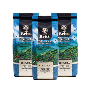 Café Britt® - Costa Rican Montecielo, Coffee From Tarrazu (12 Oz.) (3-Pack) - Whole Bean, Arabica Coffee, Kosher, Gluten Free, 100% Gourmet & Medium Dark Roast