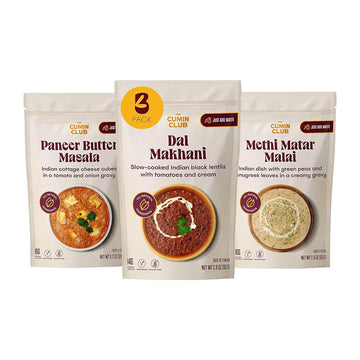 The Cumin Club Indian Meal Kit - Paneer Butter Masala, Methi Matar Malai, Dal Makhani - Instant Meals Effortless Cooking & Whole