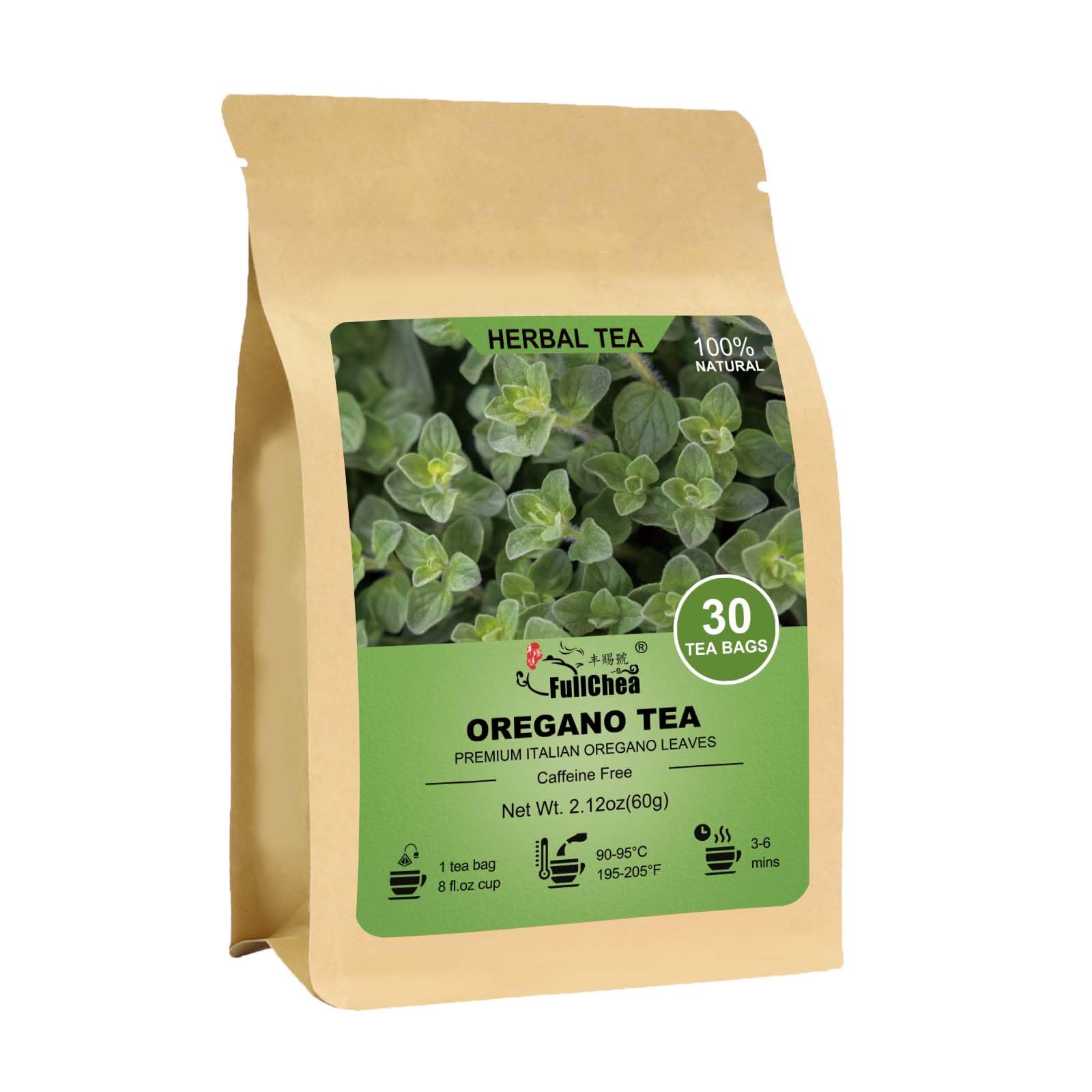 FullChea Oregano Tea Bags - Premium Non-GMO Herbal Tea, Caffeine-Free, 30 Teabags, 2g Each, Supports Digestion and Immunity