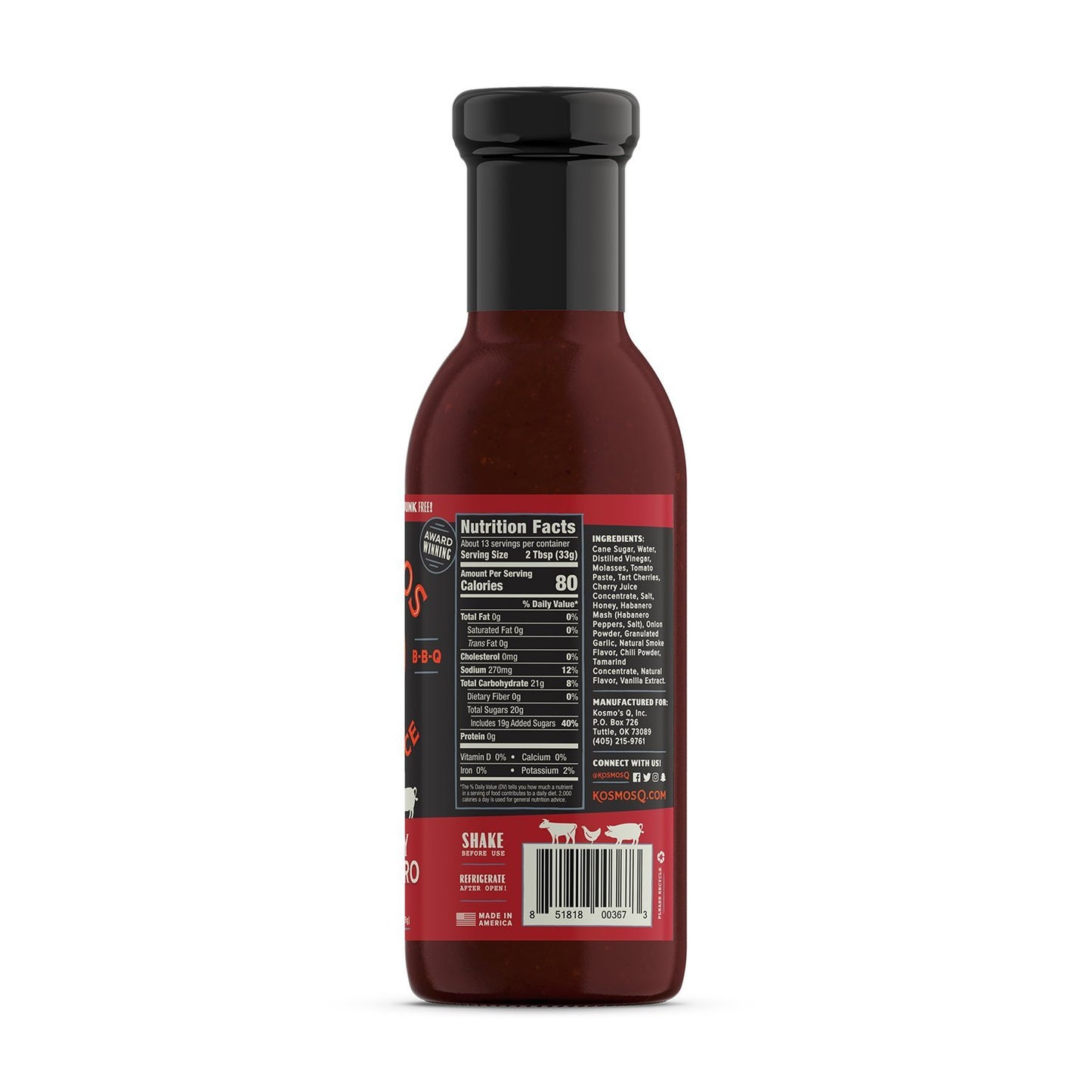 Kosmos Q Cherry Habanero BBQ Sauce - 15.5 Oz Bottle for BBQ & Marinades w/ Sweet and Spicy Flavor - Thick Barbecue Sauce for Ten
