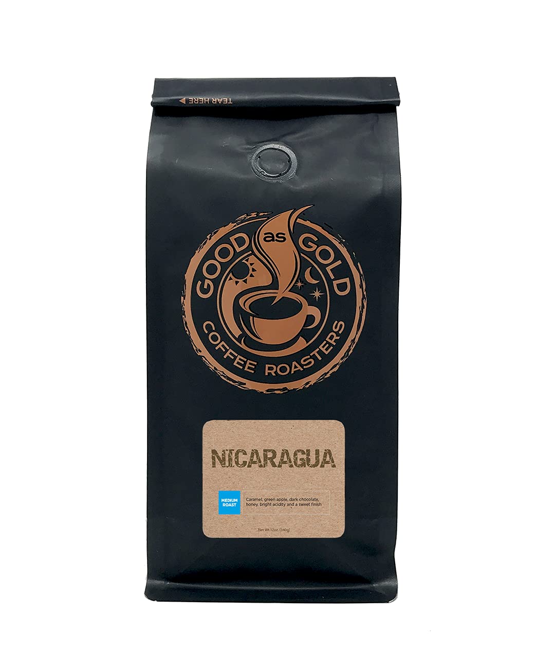Good As Gold Nicaragua Coffee Beans, Medium Roast, 12oz, Pack of 1