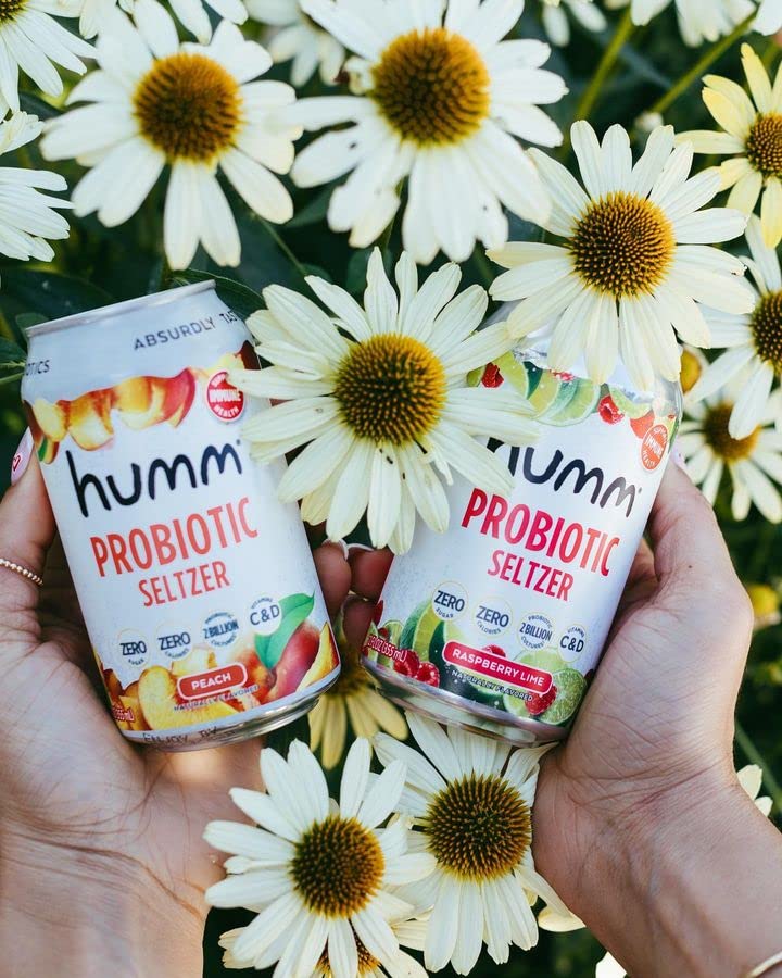 Humm Sparkling Water Variety Pack, Peach & Raspberry Lime Seltzer, Zero Sugar, Zero Calorie, Whole30 Approved Probiotic Drink, 2