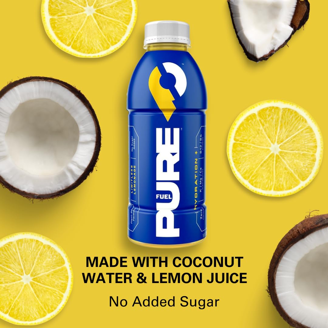 Pure Fuel Hydration Drinks Limitless Lemonade - Plant-Based Healthy Electrolyte Drinks With B-Vitamins - No Added Sugar - 12 Pac