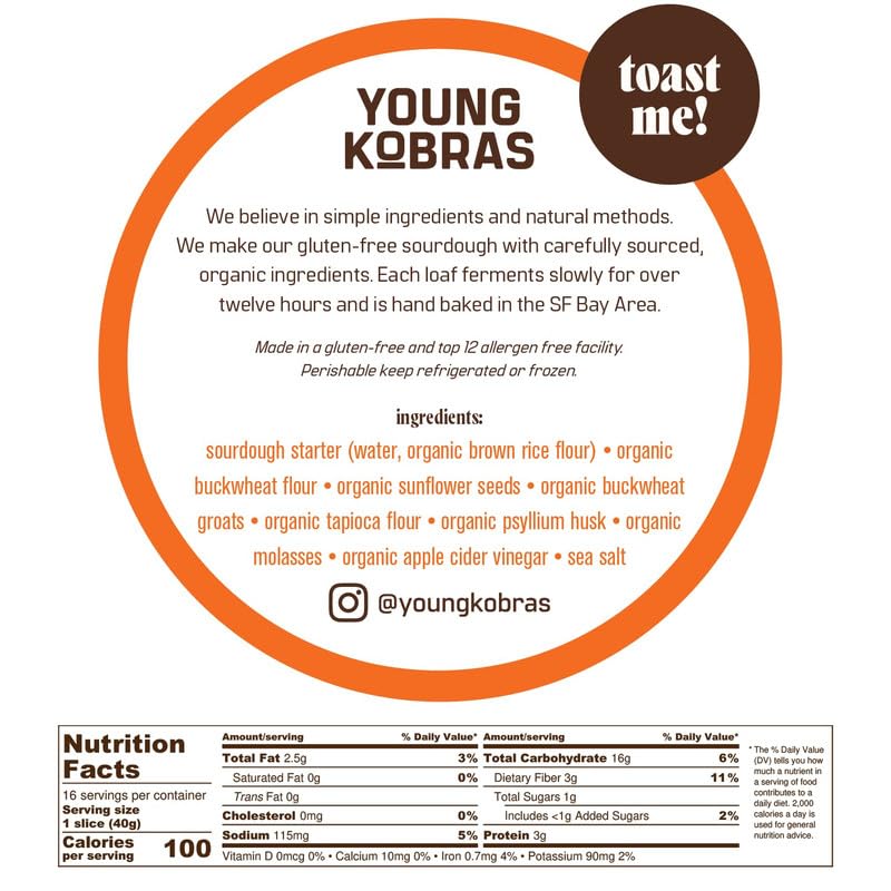Young Kobras Organic, Gluten-Free Seeded Buckwheat Sourdough Bread 22Oz (4-Pack) - Allergen Friendly, Vegan, Gum-Free, Simple In