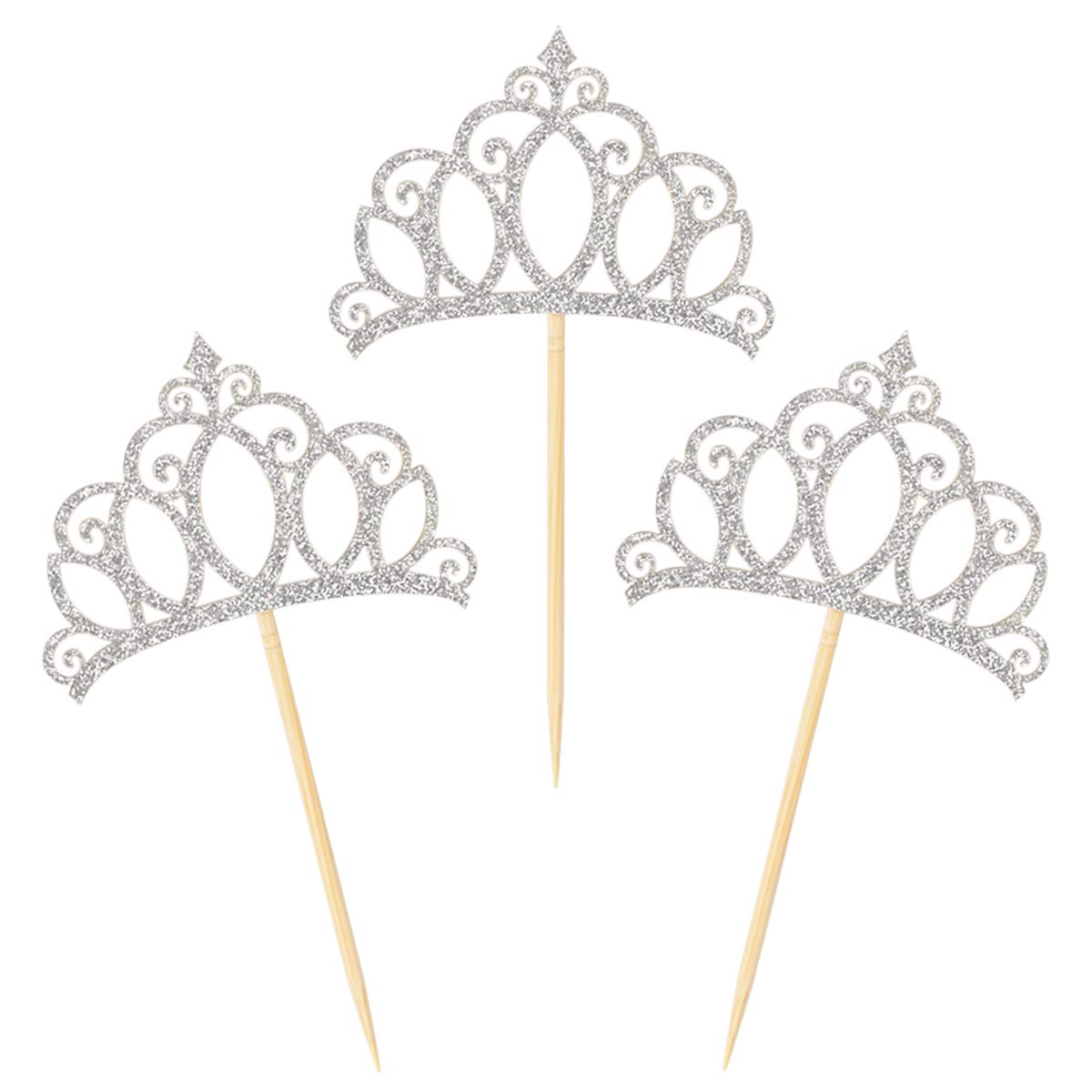 Donoter Silver Princess Crown Cupcake Toppers - 24 Count for Birthday Baby Shower Party Decorations